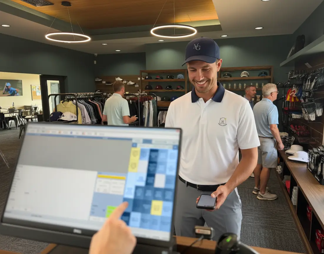 Picture of golf shop with tee quest software being used on a touch screen monitor.