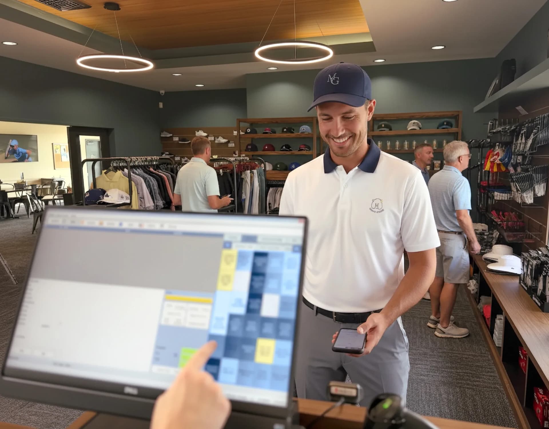 Picture of golf shop with tee quest software being used on a touch screen monitor.